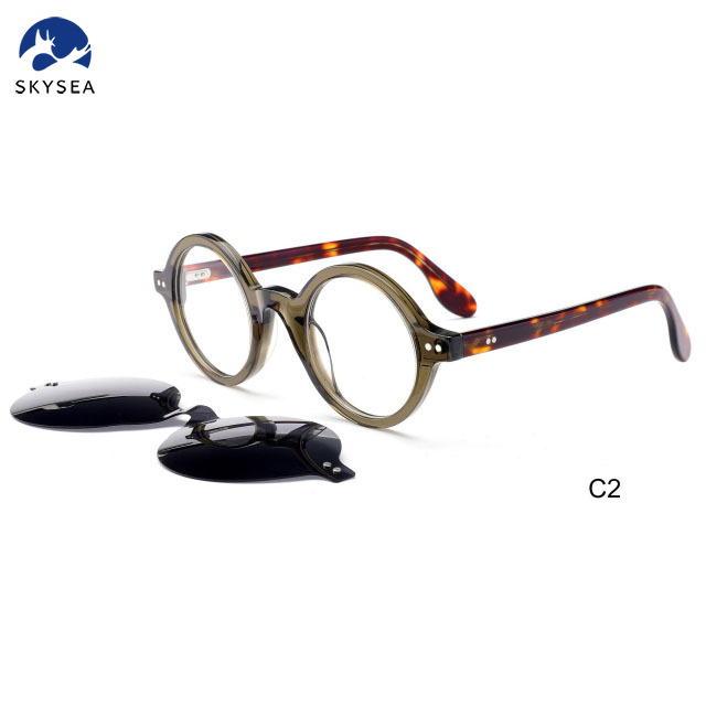 Round Acetate Clip on Polarized Brand Sunglasses Custom logo Frame Ready Stock Glasses Eyewear Acetate Clip