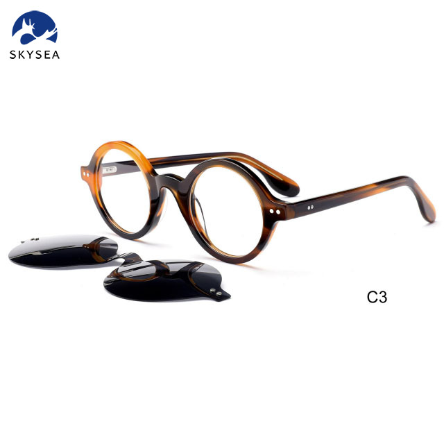Round Acetate Clip on Polarized Brand Sunglasses Custom logo Frame Ready Stock Glasses Eyewear Acetate Clip
