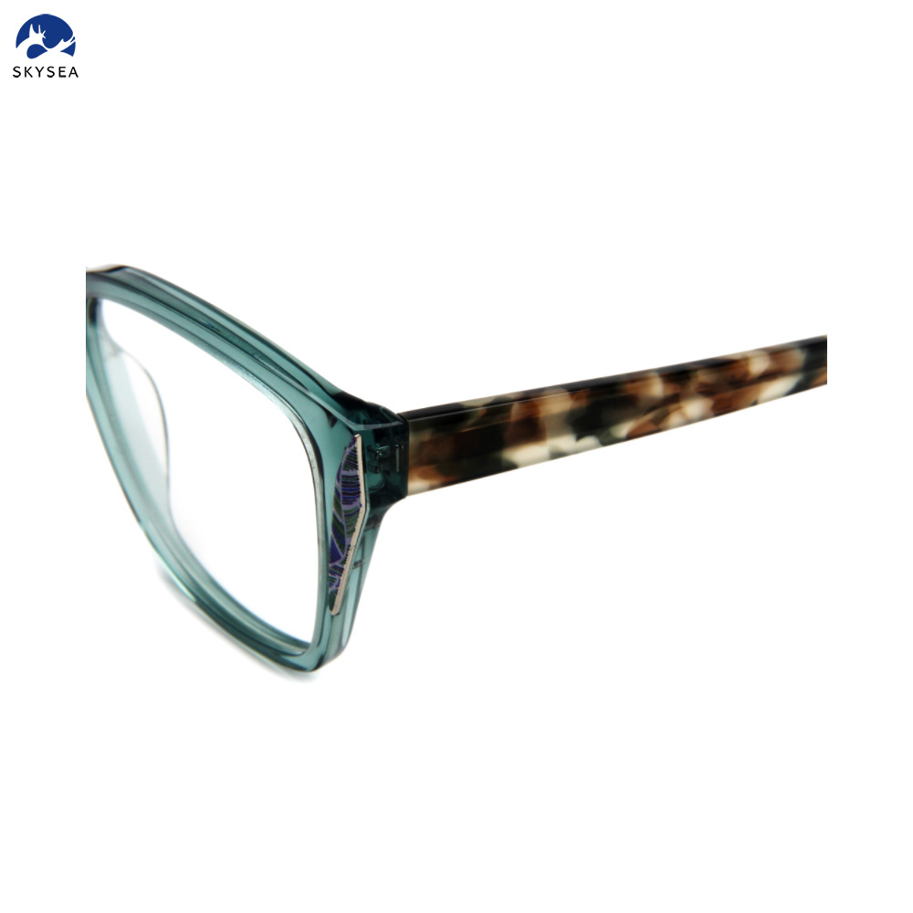 Fashion Forward Teal Transparent Glasses with Unique Patterned Temples Acetate Women Glasses