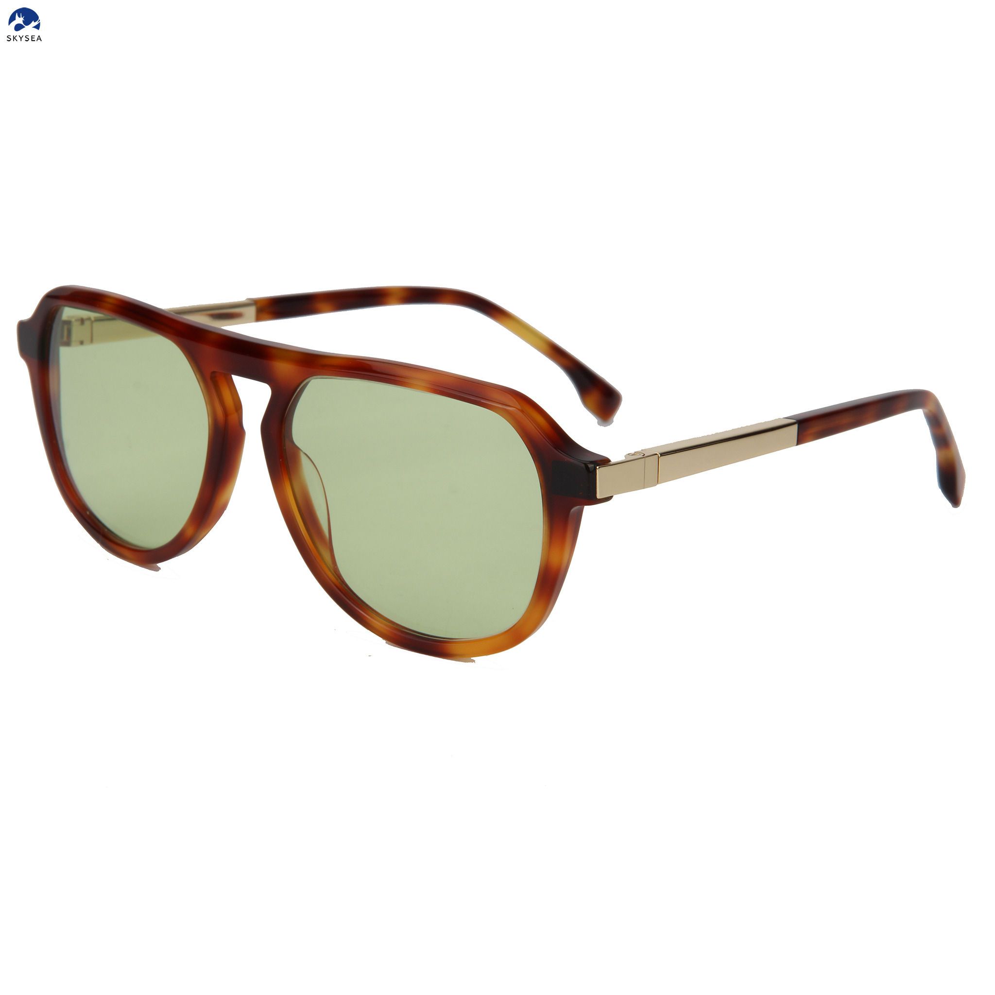Retro Double Bridge Sunglasses Foldable Metal Swivel Temples Acetate Frame UV400 Gradient Lens Mens Pilot Eyewear