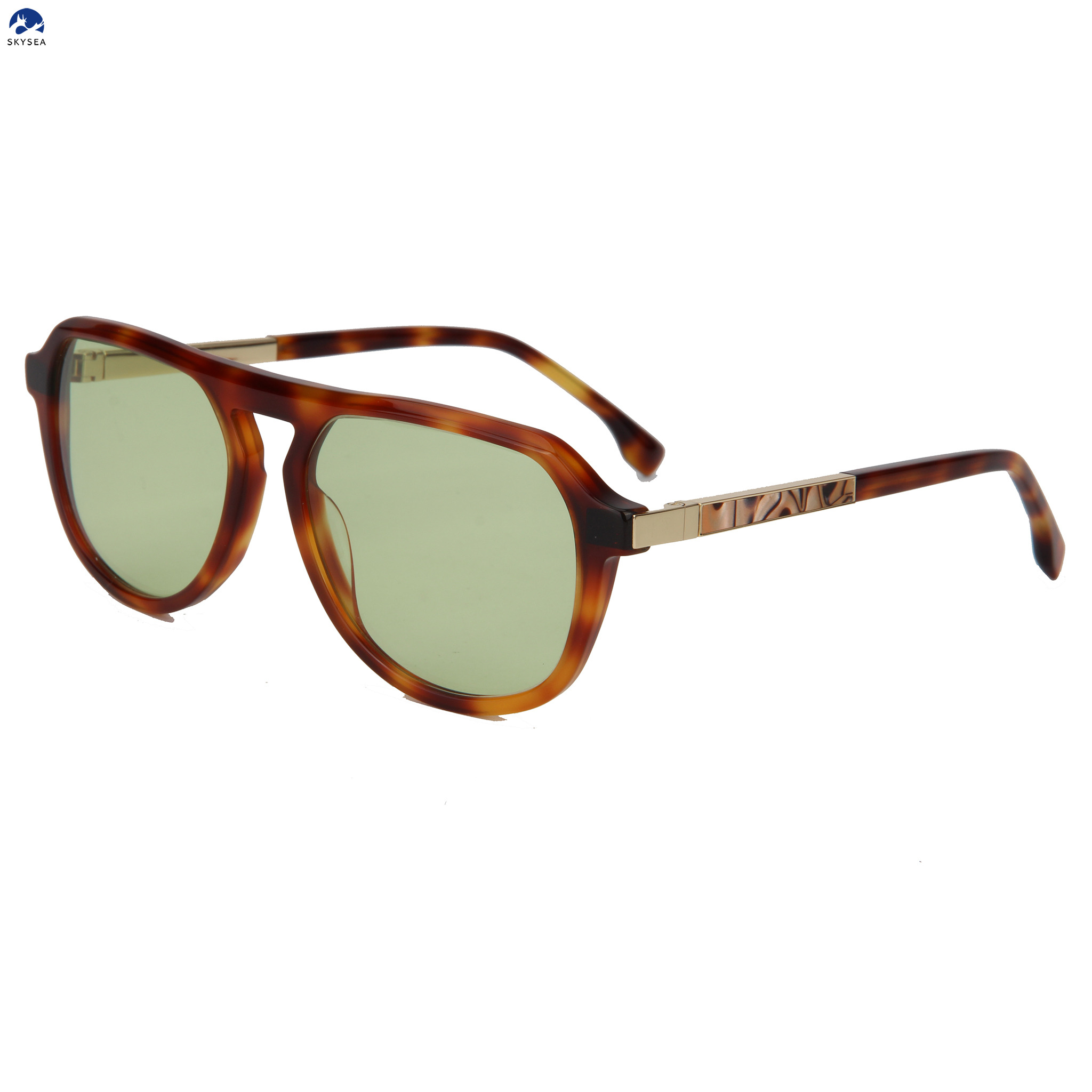 Retro Double Bridge Sunglasses Foldable Metal Swivel Temples Acetate Frame UV400 Gradient Lens Mens Pilot Eyewear