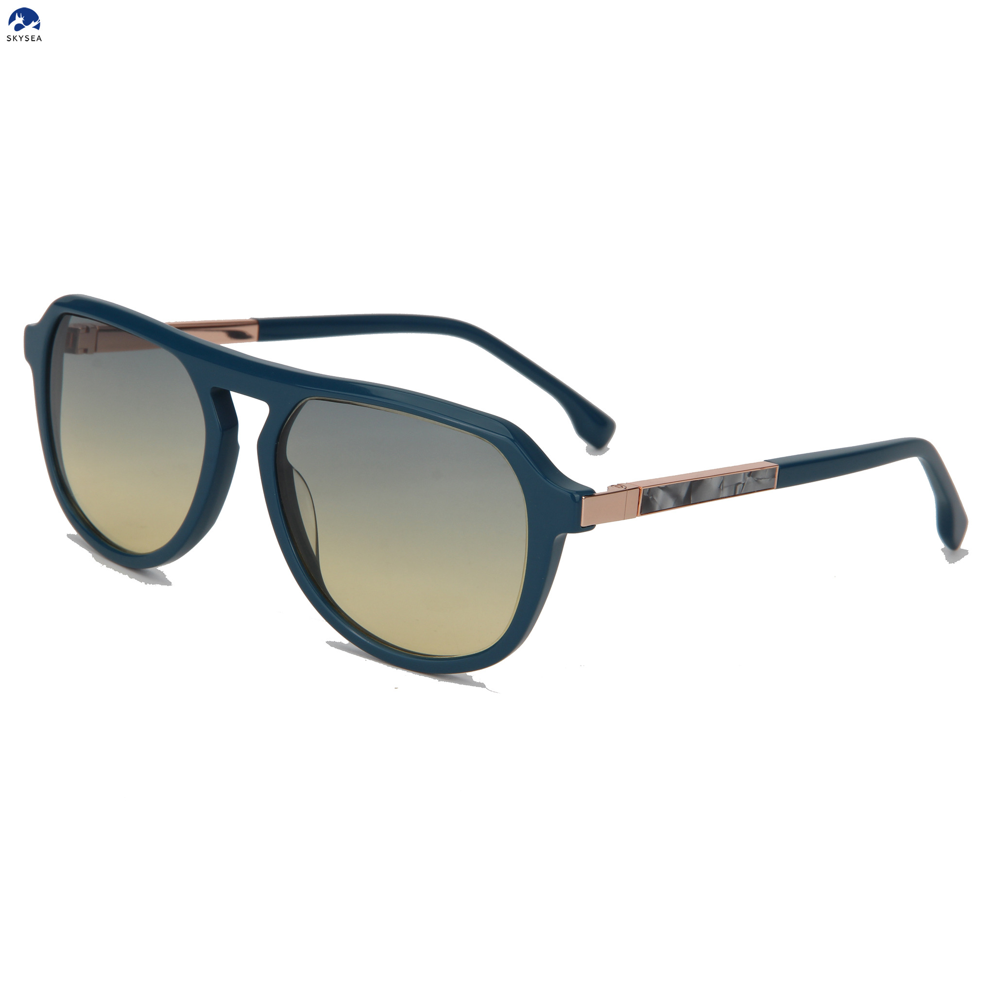 Retro Double Bridge Sunglasses Foldable Metal Swivel Temples Acetate Frame UV400 Gradient Lens Mens Pilot Eyewear